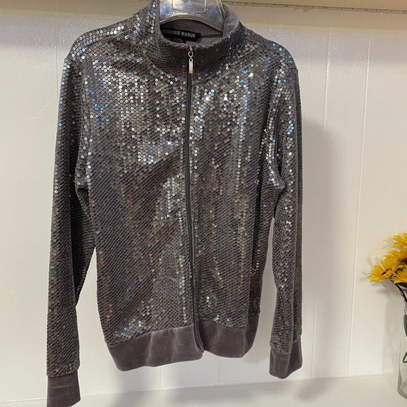 Mirror Image Sequinned Sequin Front zip Velvet Silver Gray Jacket - Picture 1 of 7